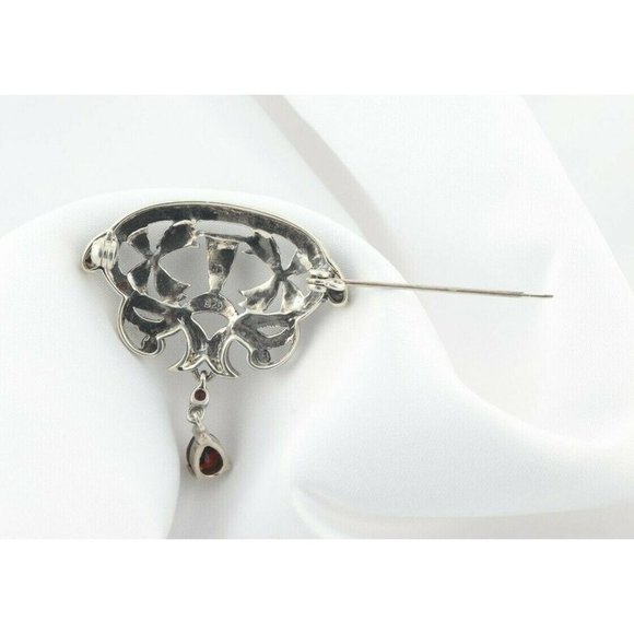 Sterling Silver Marcasite with Simulated Garnet Pin Brooch - Picture 6 of 6